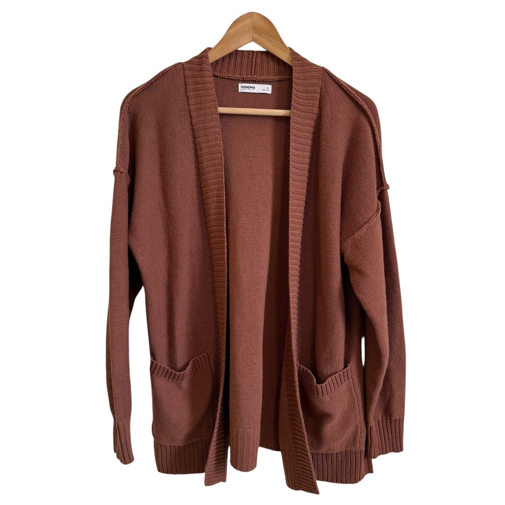 Sonoma Womens Cardigan Open Front Knit Sweater Long Sleeve Pockets Brown Size PL